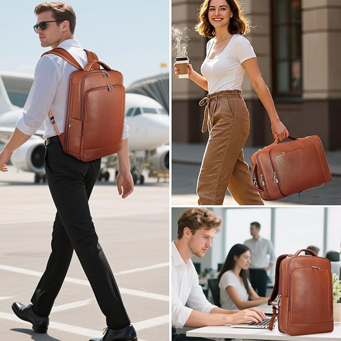 TIDING Expandable Leather 15.6" Laptop Backpack for Men Women, TSA Friendly Business Travel Rucksack Slim Work Casual Daypack