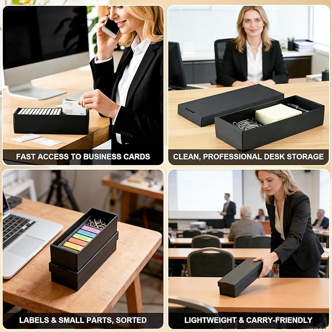 Business Card Storage Box 4 Pack, Business Card Holder Case with Lids & 112 Index Dividers, Holds 3200 Cards Total, Desk Business Card Organizer, Black Card Index & Recipe Card Storage