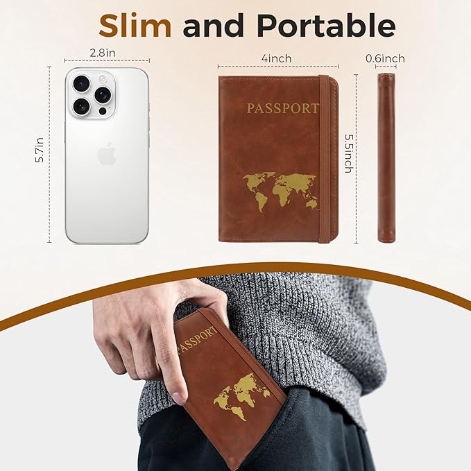 Passport Holder for Travel Women Men - Passport Cover Wallet with Airtag Slot - RFID Blocking PU Leather Passport Holder Case with Card Holder, Pen Slot - Brown