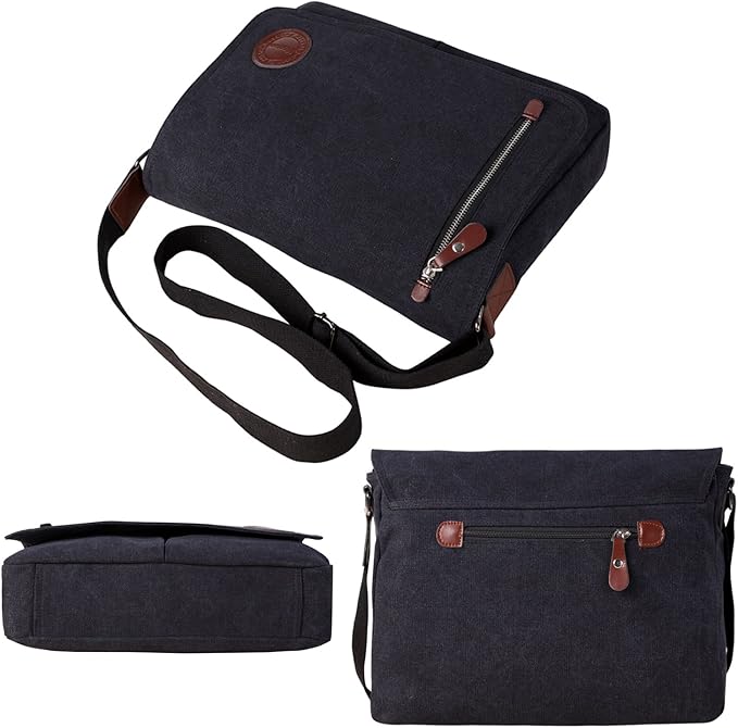 Mactso Vintage Canvas Messenger Bag for Men Women, 13.5 Inch Laptop Satchel Shoulder Bag with Multiple Pockets, Crossbody Bag for Work Travel College (Black)