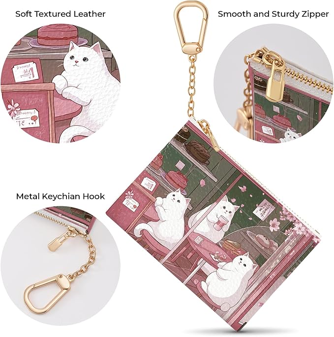 Cute Japanese Cats Keychain Coin Purse for Women, Small PU Leather Change Pouch, Zipper Little Tiny Travel Wallet for Girls, Cute Kawaii Zip Pocket Coin Holder with Key Ring