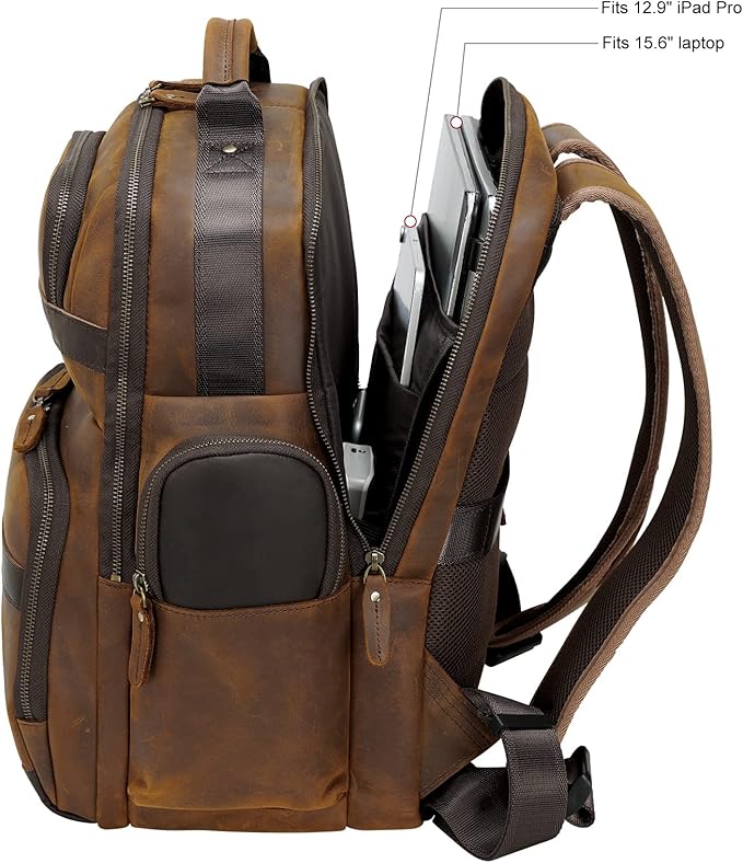 TIDING Men's Vintage Leather Backpack 15.6" Laptop Bag Large Capacity Business Travel Hiking Shoulder Daypacks