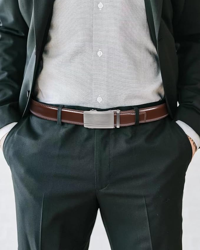 Founders & C Men's Ratchet Belt 1 3/8",Leather Dress Belt Adjustable with Click Sliding Buckle Trim to Exact Fit