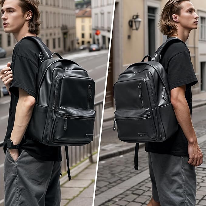 Laptop Backpack For Men Women Waterproof 15 Inch Pu Leather Black Casual Backapck For Work Business Travel College