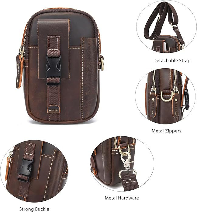 LANNSYNE Small Leather Messenger Bag, 3-in-1 Crossbody Shoulder Bag & Waist Belt Pouch, Sling Purse for Travel Business