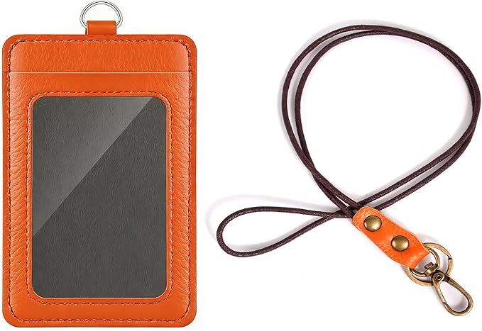 Leather ID Badge Holder with Lanyard for Women and Men, Vertical ID Card Holder, 2 Card Slots, 22 Inch Neck Lanyard for Work, School, Office
