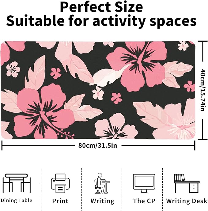 Hibiscus Flowers Desk Mat for Women, Large Waterproof PU Leather Desk Pad with Non-Slip Base, Artistic Office Keyboard Cover for Gaming & Home Work, Tropical Desk Decor (31.5 * 15.75in)