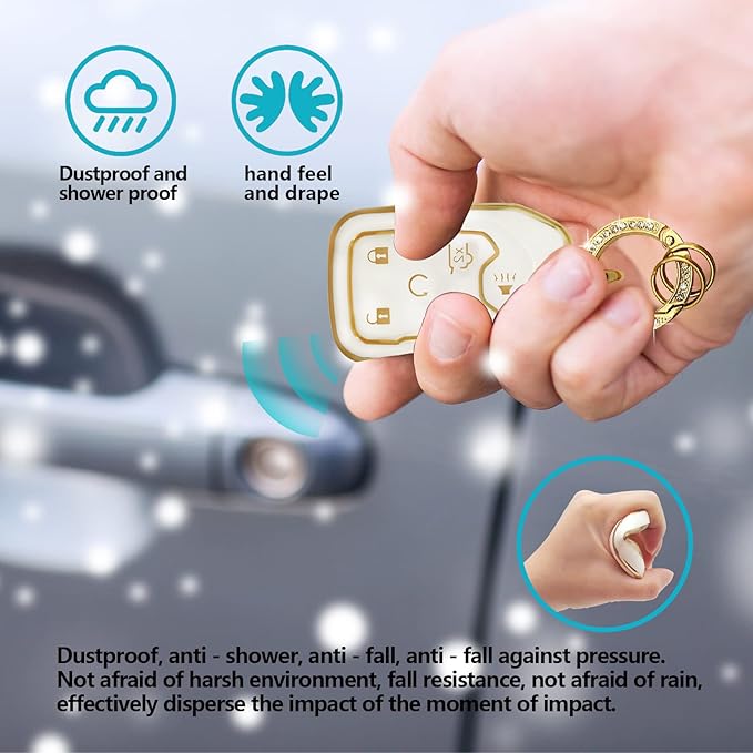 Soft TPU Key Fob Cover Case Shell Protector Key Cover Compatible with Chevy Chevrolet Suburban Tahoe GMC Terrain Yukon Yukon XL Car Key with Bling Keychain for Accessories (White)