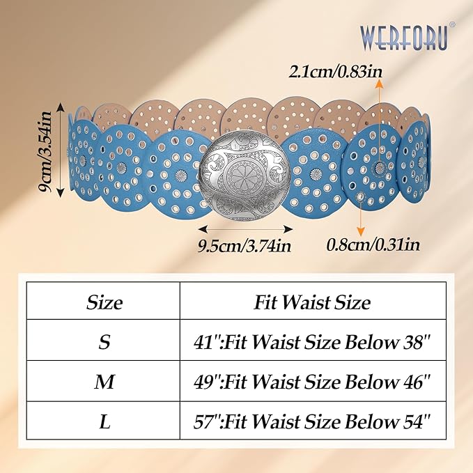 WERFORU Women Vintage Leather Belt Western Disc Waist Belts Ladies Western Belt Boho Belt for Dress Jean-