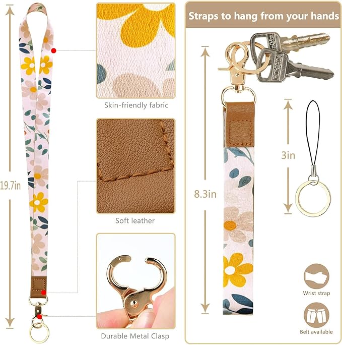 2-in-1 Cute Lanyard Wallet & ID Badge Holder for Women, Leather ID Name Badge Card Holder with Zip ID Case Breakaway Wristlet & Neck Lanyard for Offices, Teacher, Students, Employees (Florals)