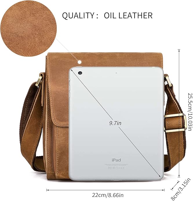 Augus Leather Messenger Crossbody Shoulder Bag for Men Work Business Casual Adjustable straps With YKK Metal Zipper