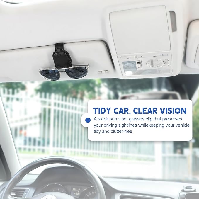 JUSTTOP 1Pack Sunglass Holder for Car, Magnetic Leather Buckle Sun Visor Sunglass Clip, Ticket Card Clip Sunglasses Mount, Car Interior Accessories for Men and Women (Black)