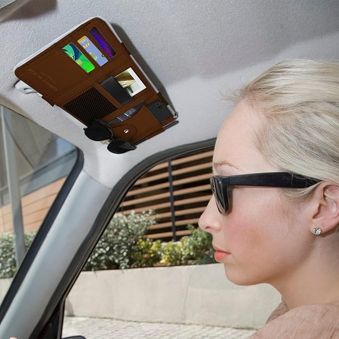 Car Sun Visor Organizer, Leather Pocket Organizer Sunglass Holder for Car Interior Accessories with Multi-Pocket Net Zipper (Brown)