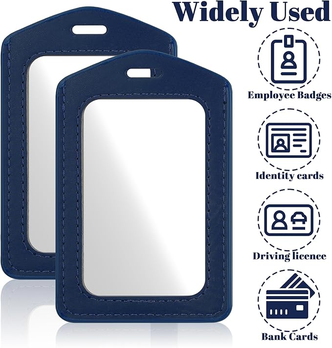 Mabor 2Pcs Leather Badge Holder - Vertical Double-Sided Clear ID Card Sleeve for Office/School/Employee (Navy Blue)