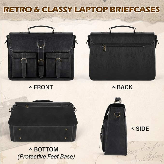 RAINSMORE Messenger Bag for Men 15.6 Inch Vintage Leather Laptop Briefcase Large Laptop Bag Waterproof Satchel Bag Computer Shoulder Bag for Office Work Travel College, Black