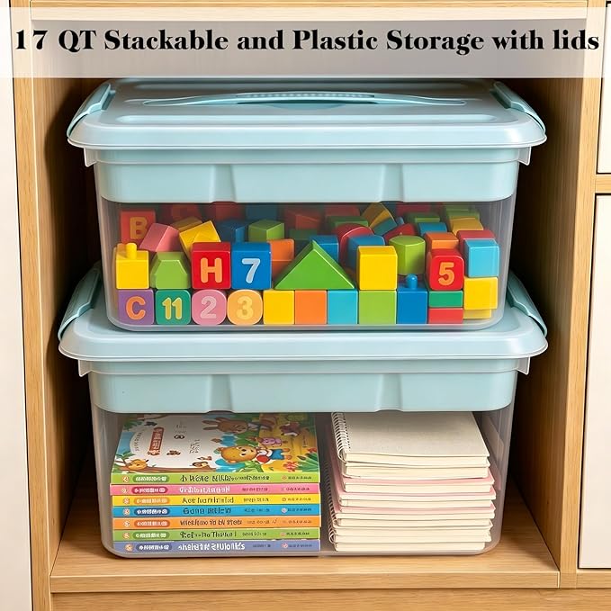 Yesland Stack & Carry Box with Removable Tray, 16 x 11 x 6.5 Inch Plastic Art Supply Storage Organizer Craft Storage Containers with Handle, Portable Organizer Bin for Stationery Sewing Jewelry, Blue