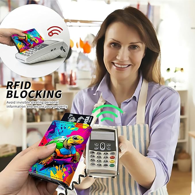 Minimalist Wallet for Men's Card Holders, Pop-Up Card Case Durable Wallets for Women, Leather Automatic Credit Card Holder with Metal Money Clip RFID Blocking Bifold Pocket, Art Sea Turtle