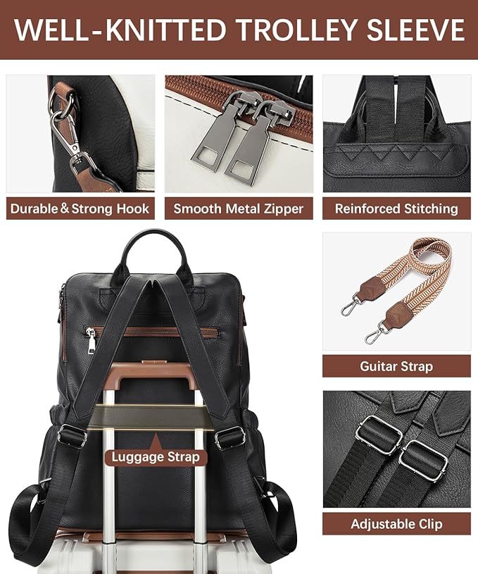 BOSTANTEN Leather Laptop Backpack for Women Designer Travel Backpack with Laptop Compartment Ladies Computer Shoulder Bags Black&Beige&Brown