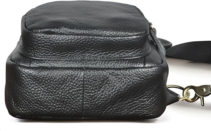 Water Resistant Canvas + Leather Hiking Travel DayPack Sling Crossbody Triangle Chest Pack Bag For Men Women FB8013 (100% Genuine Leather-8015-C-Black)
