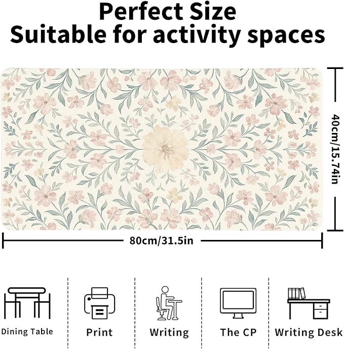 Soft Aesthetic Pastel Floral Desk Mat, Gentle PU Leather Desk Pad - Large Non-Slip Office Mat for a Calm & Stylish Gaming & Home Workspace(31.5 * 15.75in)