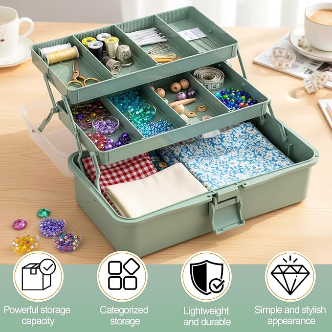 Teecyhooo 2 Pcs 13 Inch 3-layer Multipurpose Craft Organizers Storage Portable Plastic Tackle Box with Adjustable Spacers and Handled Folding Art Craft Case for Sewing Art Supply Medicine(Green)