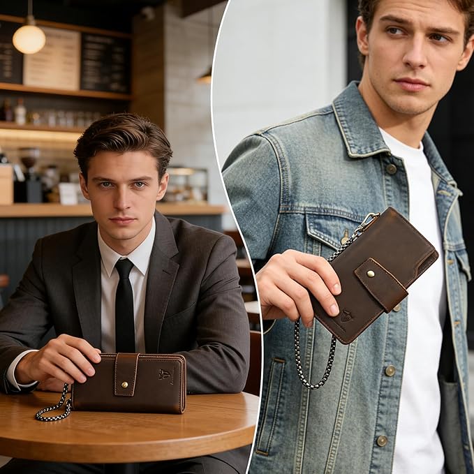 Genuine Crazy Horse Leather Travel Gift Coin Pocket Card Case Long Organizer Chain Rfid Wallet Purse With Snap For Men Male 1803 1815 (W-1820-Brown)