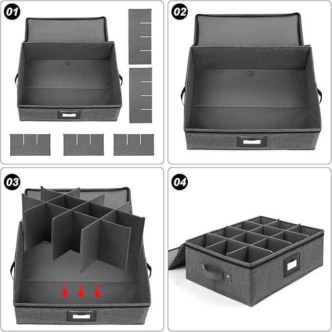 Mayniu 2 Pack Mug Storage Box with Dividers, Hard Top Cup Storage Containers for Coffee Mug & Tea Cup, Stackable Coffee Mug Storage Organizer with Zipper Lid & Rivet Reinforced Handles – Black