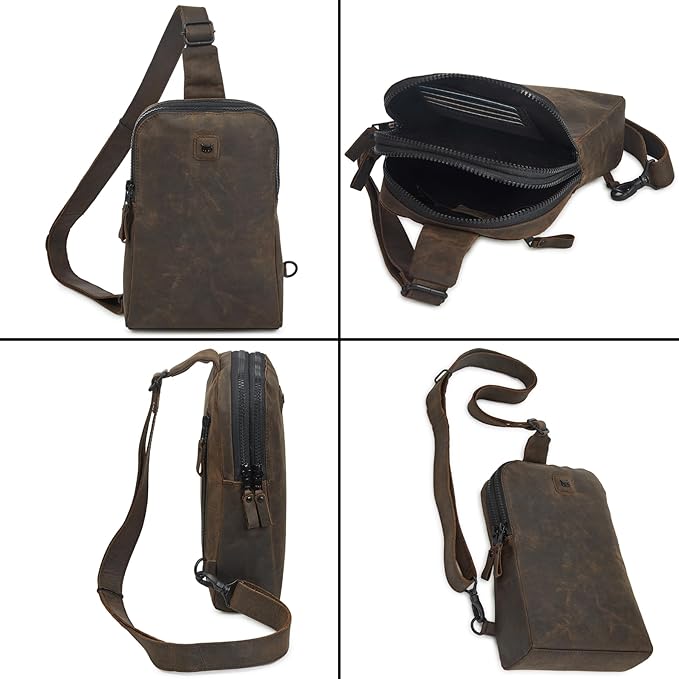 Leather Sling Bag for Women Genuine Crossbody Purse Small Trendy Cross Over Chest with Phone and Credit Card Slots (Coffee Crazy Horse)