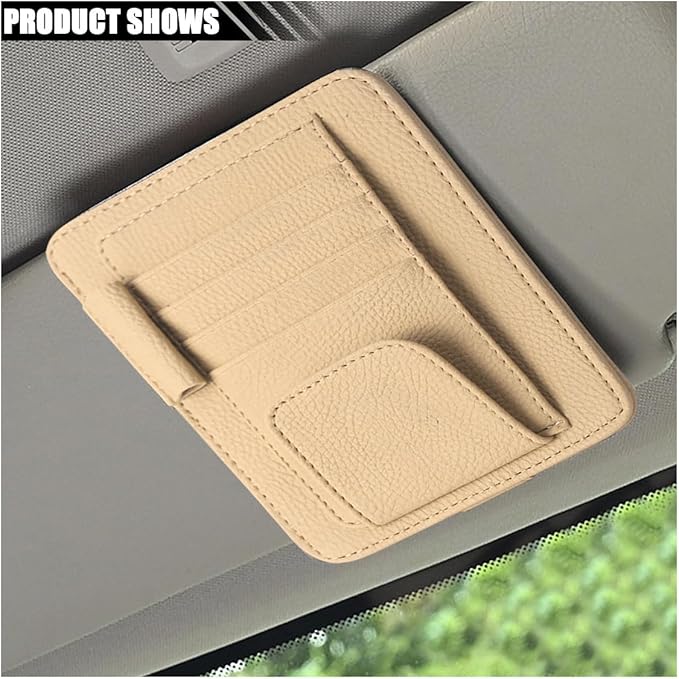 Car Sun Visor Organizer, Leather Card Sleeve Pocket Organizer, Multifunctional Auto Visor Document Holder with Sunglasses Clip, Universal Car Interior Organizer for Driving License, Pen (Small-Beige)