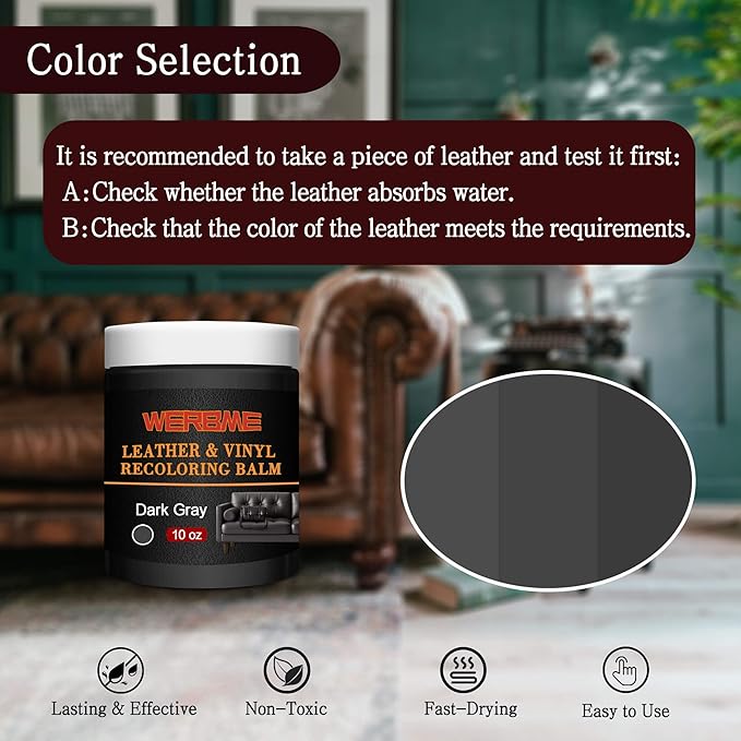 Leather Recoloring Balm & Color Restorer - 10 OZ Multipurpose Dye & Paint for Faded Leather Couches, Car Seats, Shoes | Fix Scratches on Clothing, Furniture & Accessories(Dark Gray)