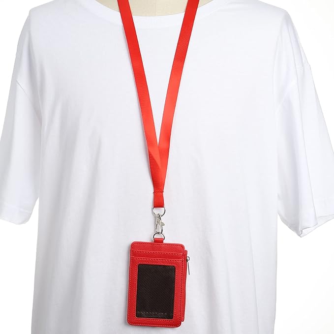 MECCANIXITY ID Badge Holders with Lanyard, Vertical PU Leather 5 Card Slots Zipper Portable Wallet Clear Window for Office, Red