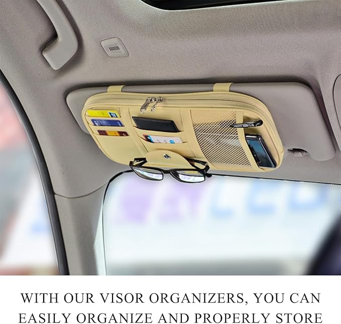 DXNQ Car Sun Visor Organizer, Double Zipper Leather Visor Storage Pouch with Multi-Pocket, Sunglass Holder Storage Pocket with Elastic Band for Cars SUVs Trucks, Car Accessories (Beige)