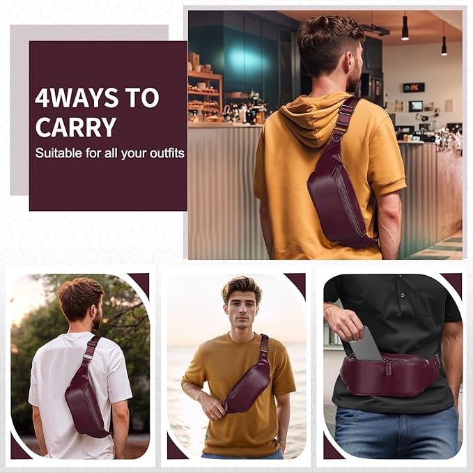 Faux Leather Belt Bag for Men, Crossbody Sling Bag with Adjustable Strap, Back Zipper Pocket, Large Capacity Waist Pack for Travel, Work, Every, Purple