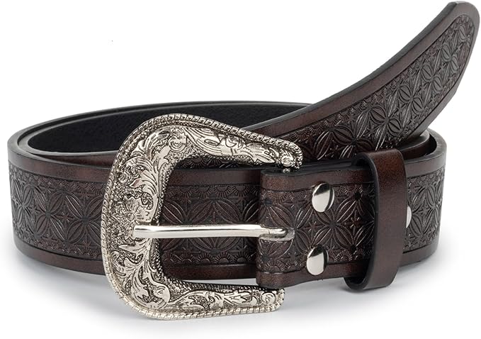 Utaly Men's Casual Leather-Belt, Western-Belt for Women Vintage Carved-Buckle Cowboy-Waist-Belts for Jeans Waist 28"-39"