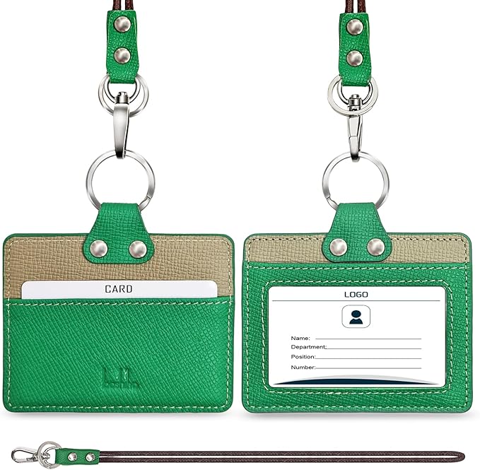 Badge Holder: Boshiho Cowhide Leather ID Badge Card Holder with 19" Neck Lanyard, Horizontal Style (Green-Gray)