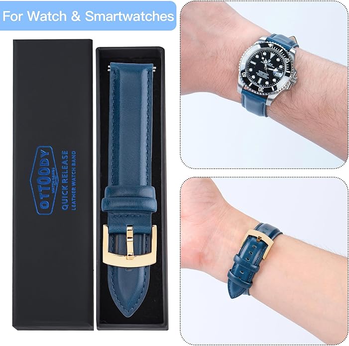 OTTOODY Leather Watch Bands Quick Release, Elegant Top Grain Leather Watch Straps for Men & Women, Choice of Color & Width - 18mm, 19mm, 20mm, 21mm or 22mm Wristbands Bracelet for Watch & Smartwatch