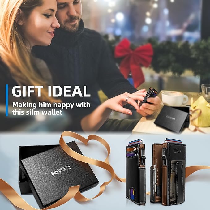 miyozi Wallet for Men, Magnetic Minimalist Slim Wallet with Pop Up Card Holder, 9 Cards RFID Blocking Metal Credit Card Case, Leather Wrapped Money Clip, ID Window & Small Item Slot, Gift Boxed