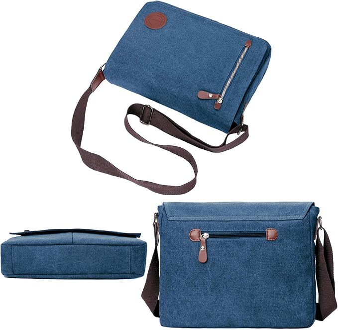 Mactso Vintage Canvas Messenger Bag for Men Women, 13.5 Inch Laptop Satchel Shoulder Bag with Multiple Pockets, Crossbody Bag for Work Travel College (Blue)