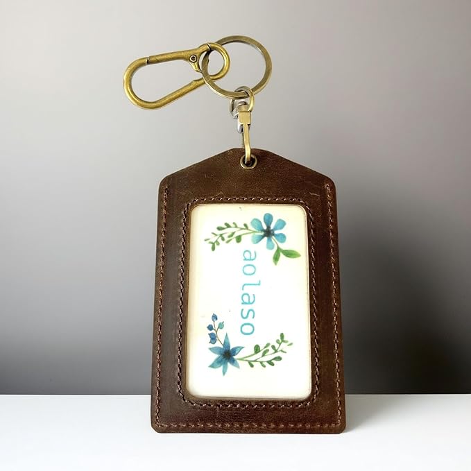 Badge Holder Vertical Handmade Leather ID Card Badge Holder Keychain with Heavy Duty Carabiner Clip for Men Women (Coffee Carabiner Clip)
