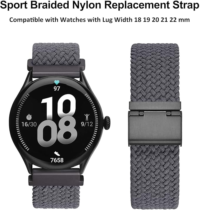 WOCCI 21mm Braided Nylon Watch Band for Men and Women, Quick Release, Black Stainless Steel Buckle (Grey)