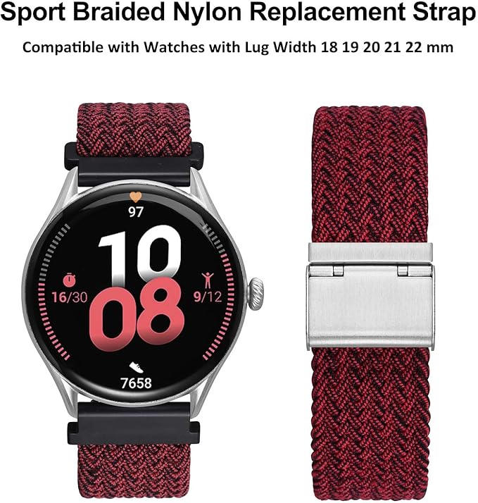 WOCCI 20mm Braided Nylon Watch Band for Men and Women, Quick Release, Silver Stainless Steel Buckle (Red Black)