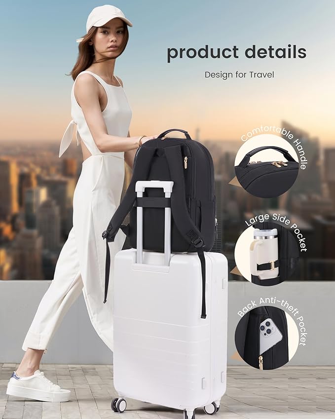LOVEVOOK Laptop Backpack for Women with Leather Trim & Tumbler Pockets, 15.6" Work Backpack Purse, Travel Personal Item Bag, Carry On Business Computer Bag for Office, School, or Gift, Lustrous Pine