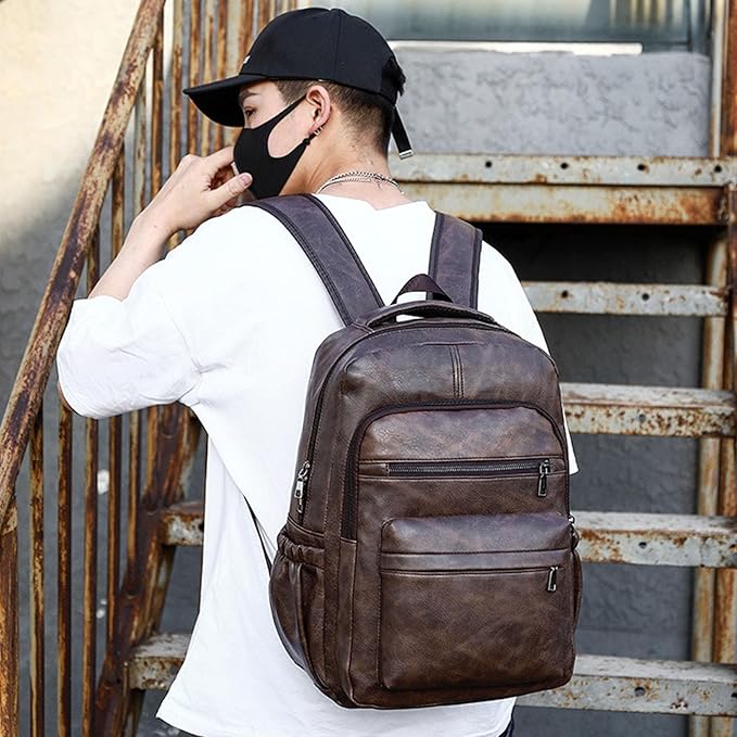 Vintage Leather Backpack for Men 16" Laptop Bag for work Casual Daypack Business Travel Rucksack Waterproof (Deep Brown)