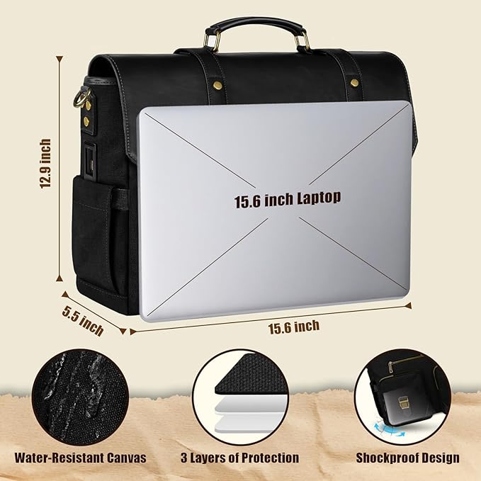 MATEIN Canvas Work Bag with USB Charging Port & RFID Blocking, 15.6 Inch Laptop Messenger Bag Vintage Briefcase for Men, Water Resistant Business Computer Satchel Crossbody for Commuting Travel, Black