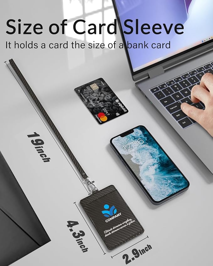 Carbon Fiber Work ID Card Holder with Lanyard is a Stylish and Durable Card Holder with Dual Card Capacity, Clear Display Window and Privacy Back Pocket (with Logo)