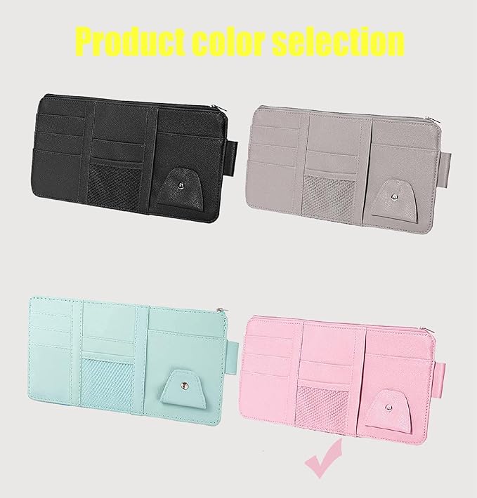 Car Sun Visor Organizer, Multifunctional Leather Sun Visor Organizer Sunglass Holder with Zipper for Car Interior Truck Accessories Men Women (Pink)