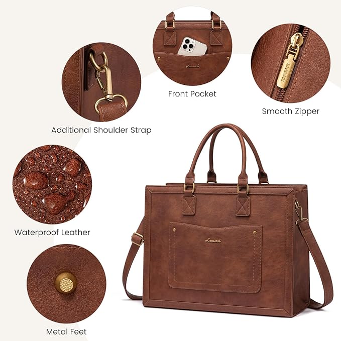 LOVEVOOK Laptop Tote Bag for Women, 15.6 Inch Work Bags, PU Vintage Leather Tote Bag, Waterproof Computer Bags with Clutch Purse, Large Capacity Messenger Bag for Teacher College Business Office