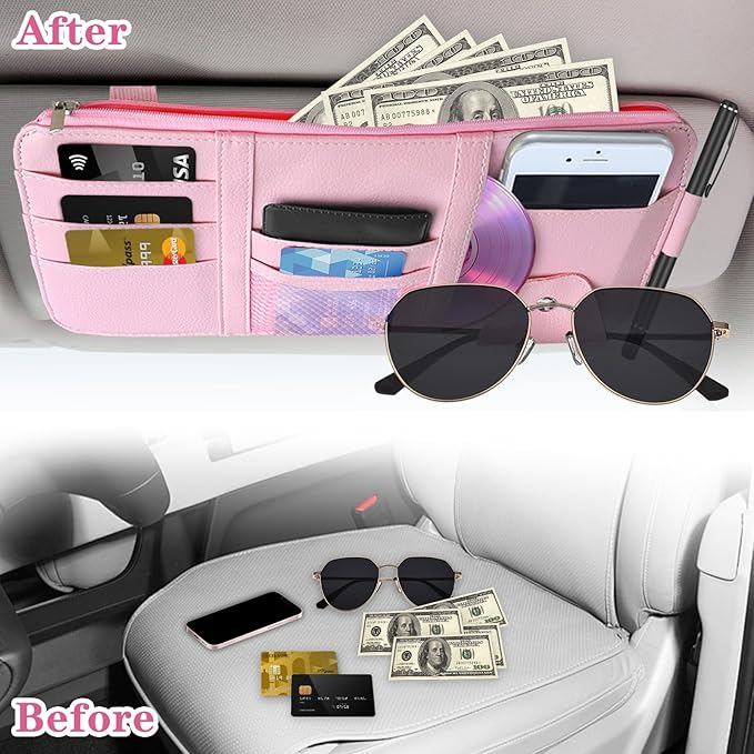 Sun Visor Organizer (Pink),Car Visor Storage Holder for Sunglasses, Documents, Cards & Pen,Zipper Pocket,Fits Sedans, Trucks, SUVs,Auto Interior Accessory