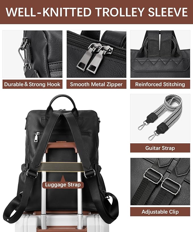 BOSTANTEN PU Leather Laptop Backpack for Women Designer Travel Backpack with Laptop Compartment Ladies Computer Shoulder Bags