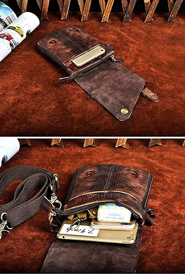Le'aokuu Mens Genuine Leather Small Messenger Shoulder Satchel Phone Pouch Belt Waist Bag Pack